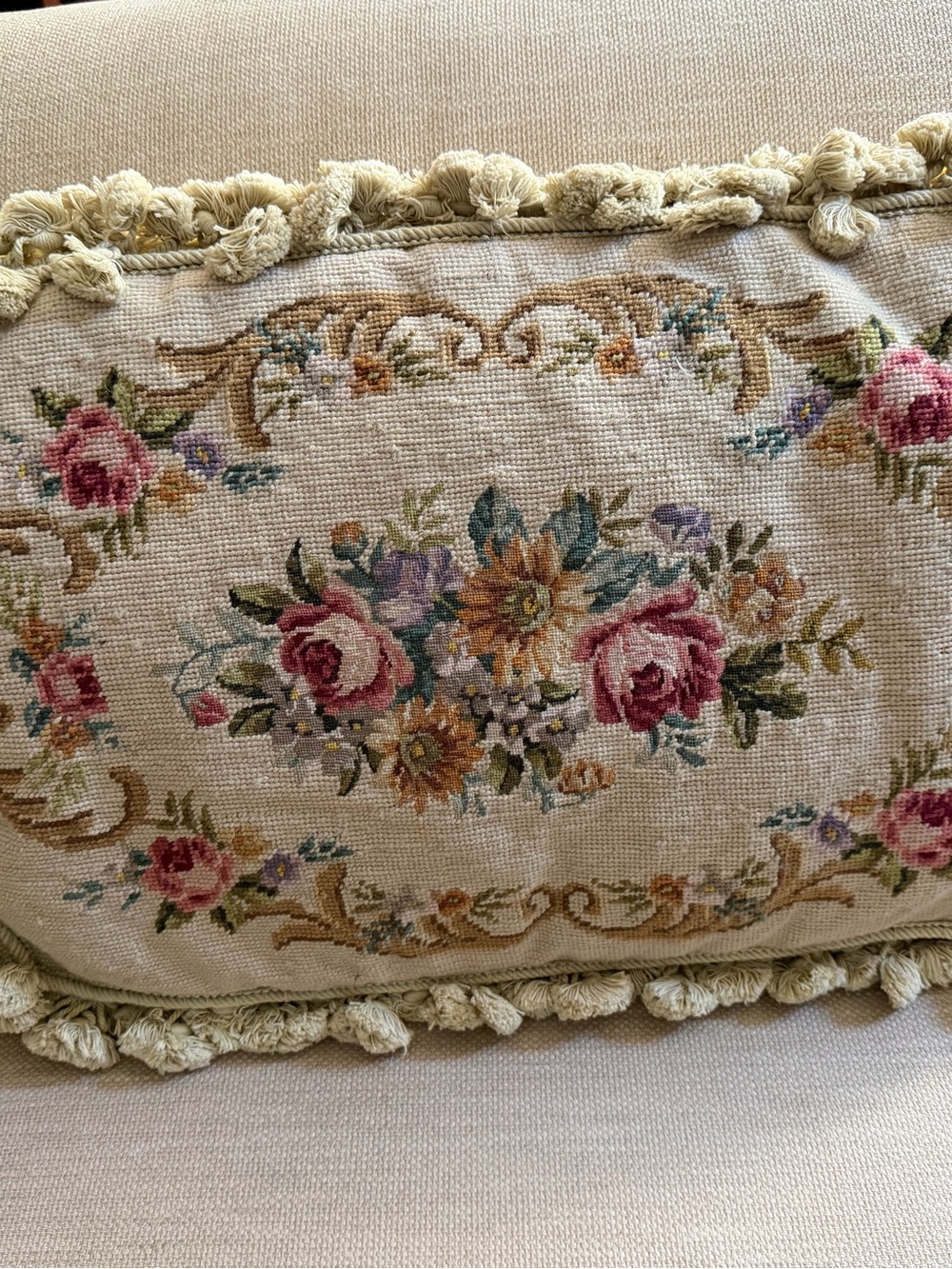 Vintage Floral Needlepoint Decorative Pillow in Cream and Pink Feather Insert